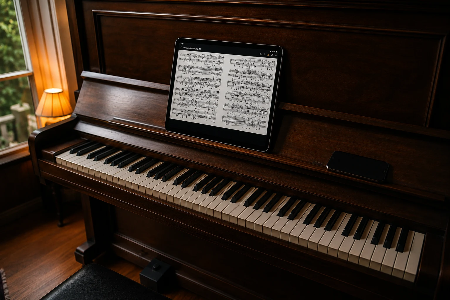 A tablet propped on an upright piano's music desk showing Ludwig's score reader, a phone resting on the piano beside it, and a lamp lit at the left