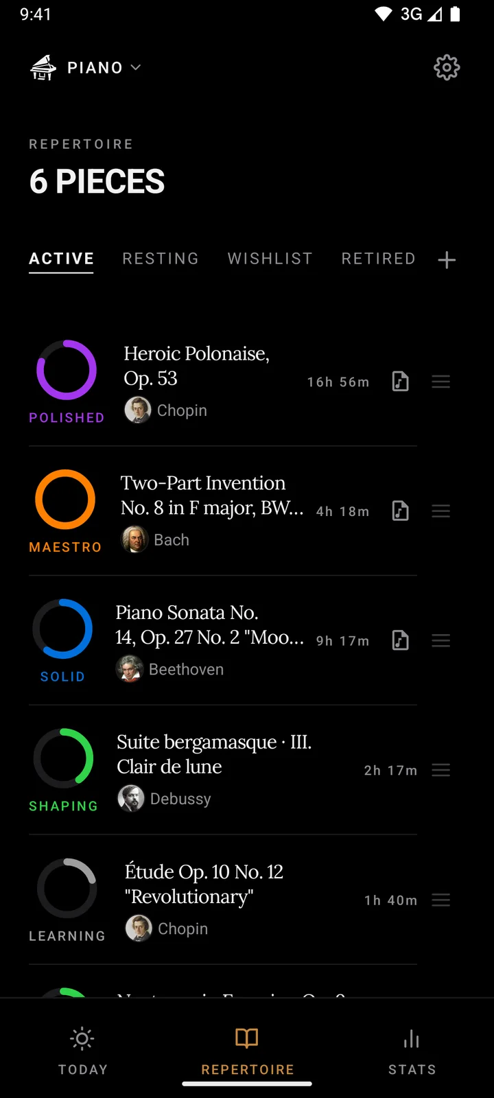 Ludwig's repertoire list on a phone: each piece with its composer and a coloured ring showing which of the five mastery stages it has reached
