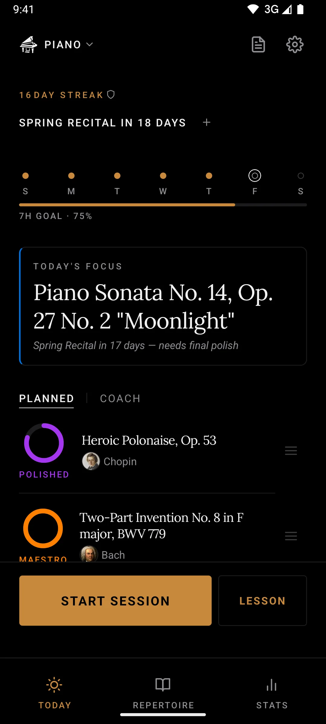 Ludwig’s Today screen: a streak, a recital countdown, a weekly goal, today’s focus piece, the planned queue, and Start session and Lesson buttons