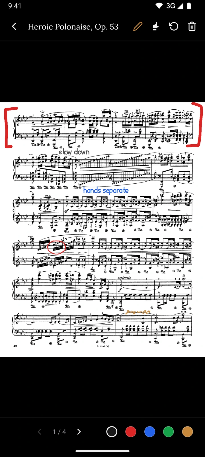 The same page carrying four annotations in different inks: red brackets round the first system, slow down in graphite, hands separate in blue, a red ring round a chord and Bring out RH in amber, with the five ink colours along the bottom.